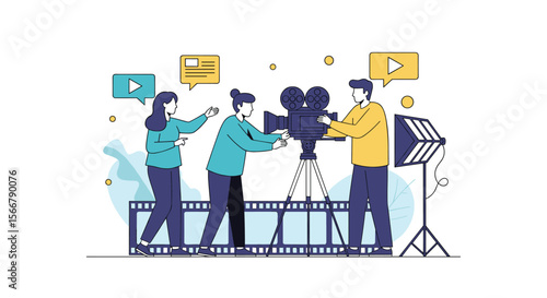 Creative production team capturing cinematic moments with professional video equipment and lighting for dynamic storytelling