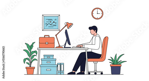 Young professional focused on his computer screen at a clean office desk with plants and a chart on the wall while a clock ticks overhead