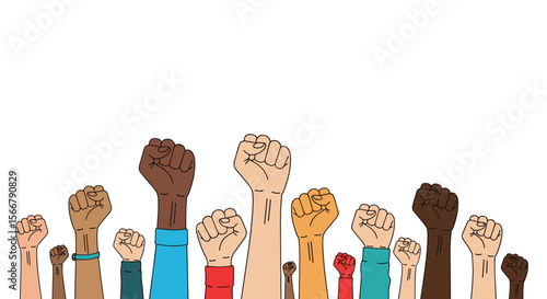 A diverse group of people united in solidarity raising their fists in a powerful display of collective strength and common purpose