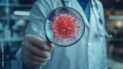 A scientist in lab coat and gloves holds a magnifying glass focusing on a red virus particle, symbolizing research and study of infectious diseases.