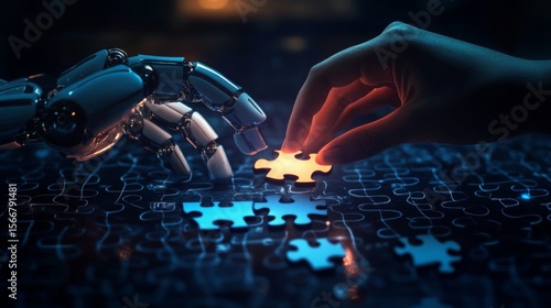 A human hand and a robotic hand collaboratively complete a glowing puzzle piece, symbolizing human-AI partnership.
