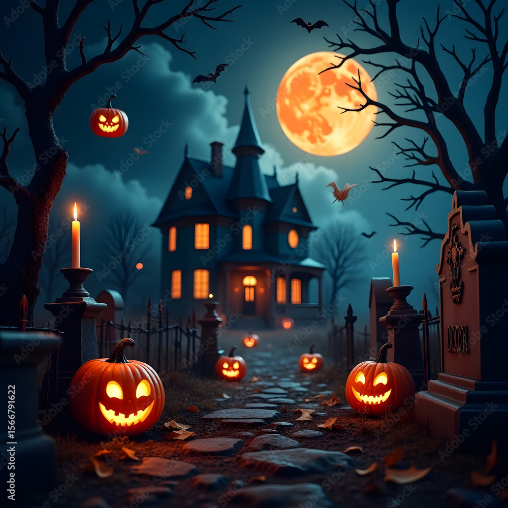 Fototapeta premium Halloween Night Scene with Haunted House and Jack O Lanterns