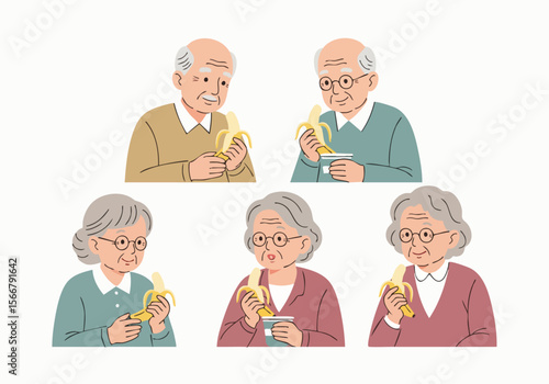 Flat Illustration Senior Person Eating Banana Fruit Healthy Lifestyle