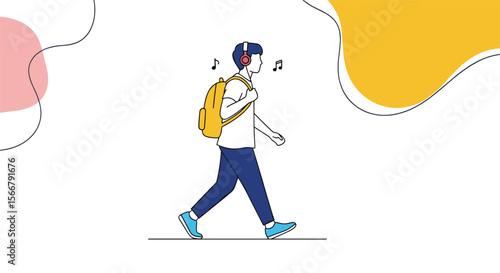 Illustrative graphic depicting a young person enjoying music while walking outdoors with abstract shapes suggesting a carefree atmosphere