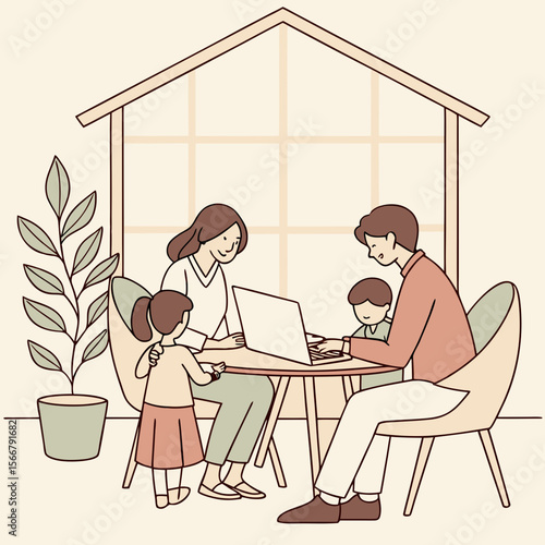 Family studying together with laptop, perfect for promoting education services, e-learning platforms, or family wellness.