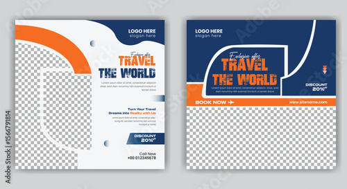 Travel Agency Post banner template vector and summer beach traveling tour design