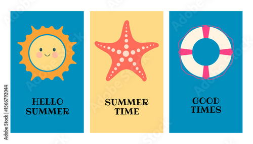 Hello summer, good times, summertime greeting card. Poster with sun, starfish and lifebuoy. Vector.