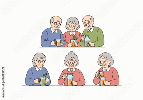 Flat Style Elderly People Drinking Healthy Juice Drinks Illustration
