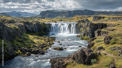 Icelandic waterfall cascading through rocky terrain