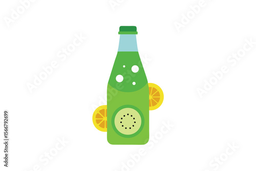 Kiwi Soda Bottle Vector Design with Bubbles and Slices on White Background