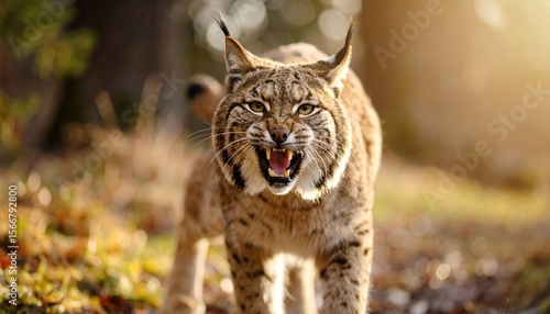 Close-up of a lynx snarling, showing teeth, in natural habitat