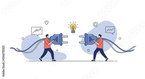 Two individuals connecting large electrical plugs symbolizing partnership collaboration and innovation for progress