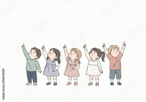Cute Cartoon Illustration of Diverse Children Pointing Upward in a Group