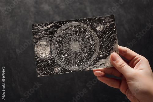 A hand holding a vintage celestial map with stars, planets, and constellations illustrated, set against a dark cosmic background