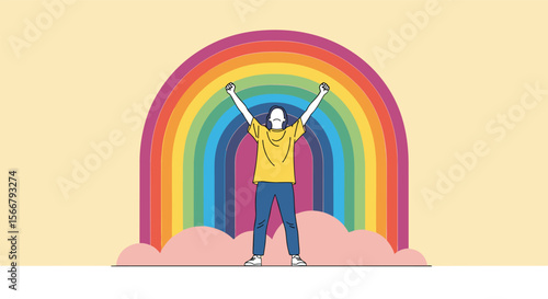 A person stands with arms raised in celebration beneath a vibrant archway of colorful concentric bands against a light yellow background with a scattering of white cloud shapes below