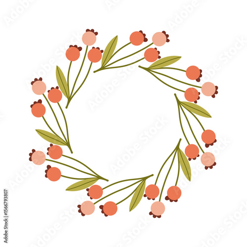 Round frame made of berries and leaves. Woodland wreath. Elegant floral seamless pattern. Template with copy space for wedding invitations and greeting cards. Vector stock illustration.