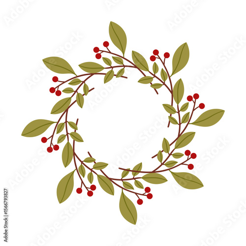 Round frame made of berries and leaves. Woodland wreath. Elegant floral seamless pattern. Template with copy space for wedding invitations and greeting cards. Vector stock illustration.