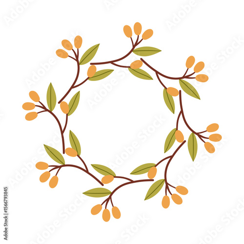Round frame made of berries and leaves. Woodland wreath. Elegant floral seamless pattern. Template with copy space for wedding invitations and greeting cards. Vector stock illustration.