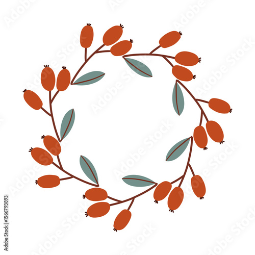 Round frame made of berries and leaves. Woodland wreath. Elegant floral seamless pattern. Template with copy space for wedding invitations and greeting cards. Vector stock illustration.