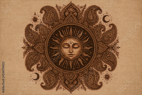 Ornate Mandala Illustration Featuring Paisley Patterns and Celestial Elements