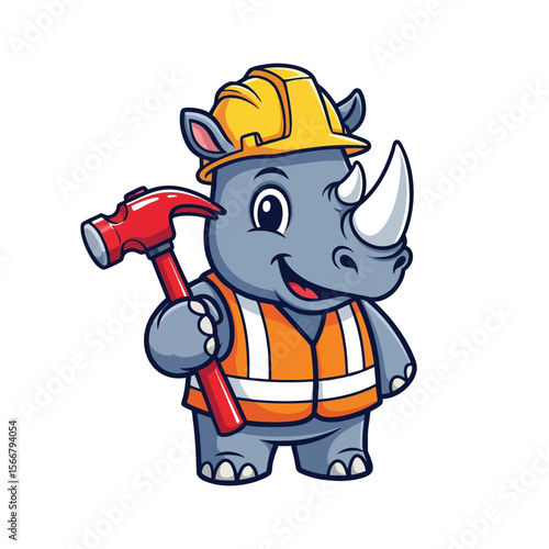 Mighty & Adorable Rhino Builder: A Colorful Icon Ready to Construct Fun with Hard Hat, Hammer, and Safety Vest!