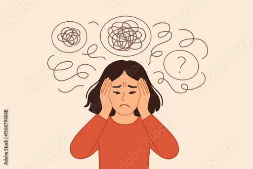 A young woman expresses feelings of anxiety and confusion. They hold their head in their hands, surrounded by swirling lines and question marks. Mental health state. Vector flat illustration