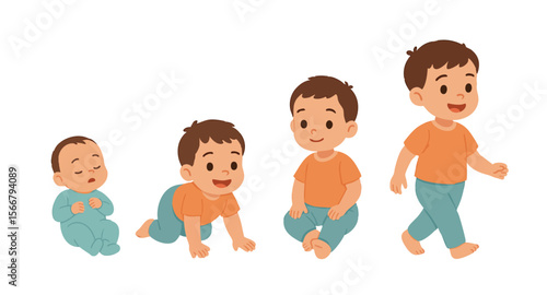 The growth stages of a child, from a sleeping infant to a walking toddler. Development of mobility and expression over time. Vector flat illustration