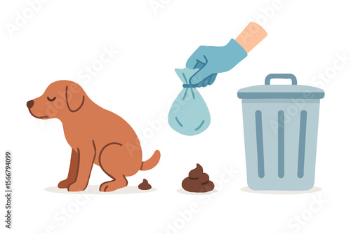 Cleaning up dog poop in public area. Hand in glove picks up dog waste with a bag while a brown dog waits nearby. Vector flat illustration