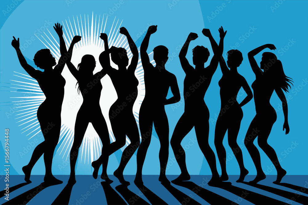 Fototapeta premium Zumba vector silhouettes dancing in the sun, perfect for fitness enthusiasts, summer promotions, health and wellness content, and dance events.