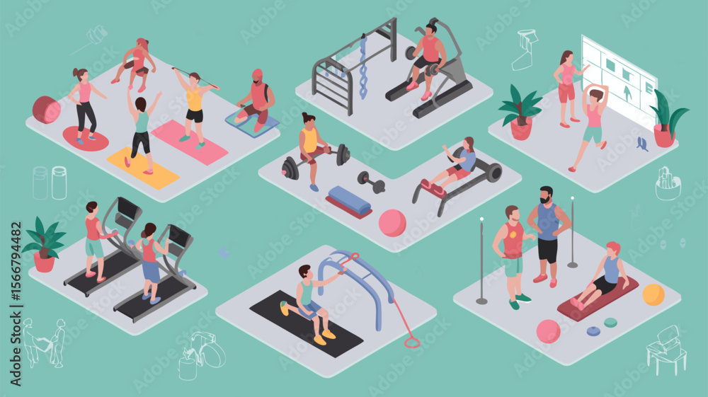 Obraz premium Zumba vector showing diverse people zumbaing in a fitness center. Suitable for fitness class promotions, health and wellness campaigns.