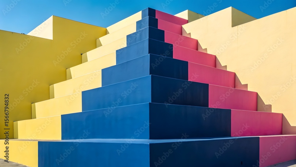 Fototapeta premium Colorful geometric staircase with yellow walls and a blue sky on a bright sunny day outdoors