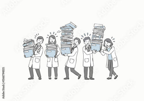 Handdrawn Overworked Doctors and Nurses Carrying Medical Records Paperwork Illustration