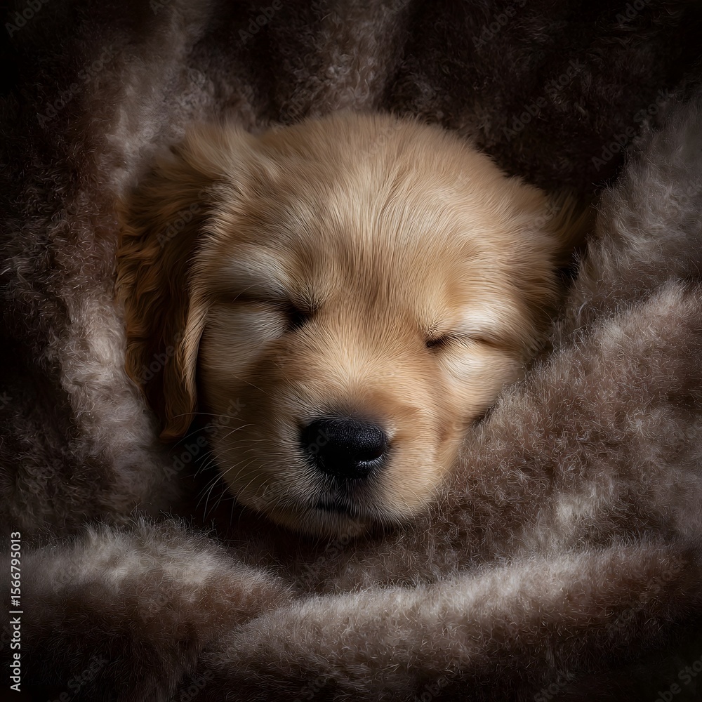 Fototapeta premium Peaceful golden retriever puppy sleeping in a cozy blanket