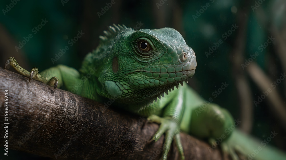 Fototapeta premium Green iguana climbing on a branch inside a terrarium