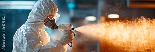 industrial worker in protective suit using spray gun for fire suppression or coating application