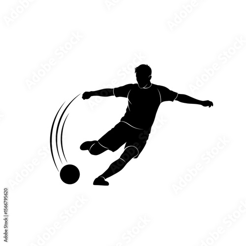 Silhouette of a soccer player kicking a ball with motion lines on a white background illustration