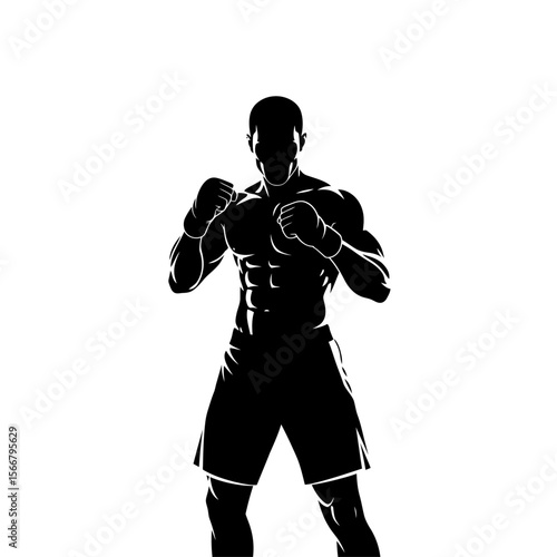 Silhouette of a muscular boxer in fighting stance wearing boxing gloves on a white background image