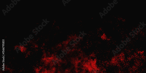Red color powder explosion isolated on black background. Colorful dust explode. Paint Holi, dust particles splash. Network concept with spray. Futuristic technology element. 3D rendering.