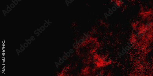 Red color powder explosion isolated on black background. Colorful dust explode. Paint Holi, dust particles splash. Network concept with spray. Futuristic technology element. 3D rendering.