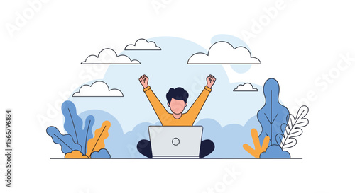 Illustrating the joyful achievement of completing a challenging project and celebrating digital success online