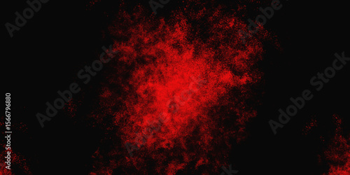Red color powder explosion isolated on black background. Colorful dust explode. Paint Holi, dust particles splash. Network concept with spray. Futuristic technology element. 3D rendering.