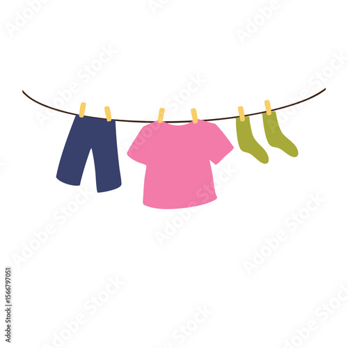 baby clothes hanging on clothesline, socks, pants and t-shirt. Vector art colorful illustration. Isolated design element. Logo, icon, print template