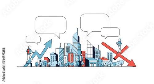 Urban economic trends contrasting growth and decline with dialogue clouds for business analysis and market dynamics explanation