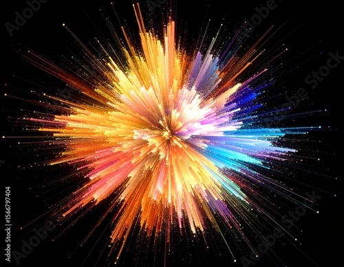 Colorful explosion of light, vibrant radial design on black