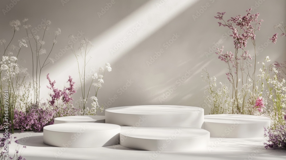 Design a scene with white round podiums with a light gray background and flowers Design a scene with white round podiums with a light gray background and flowers