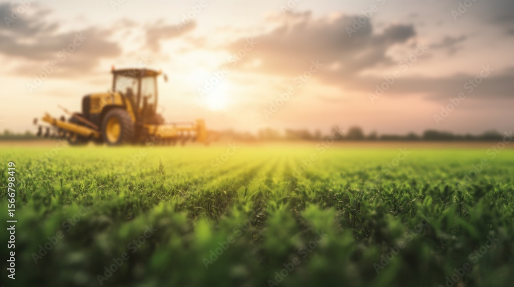 A tractor works in a green field at sunrise, highlighting agricultural activity and rural landscape under a partly cloudy sky. A tractor works in a green field at sunrise, highlighting agricultural activity and rural landscape under a partly cloudy sky.