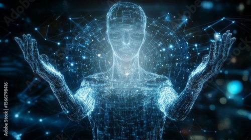 A glowing digital human figure with outstretched arms, surrounded by interconnected blue light nodes and network lines, symbolizing advanced technology and connectivity.