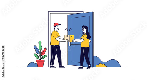 Customer receives package from delivery person at home doorstep with friendly interaction and positive exchange of goods