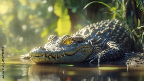 Young crocodile resting in shallow water, bathed in warm sunlight