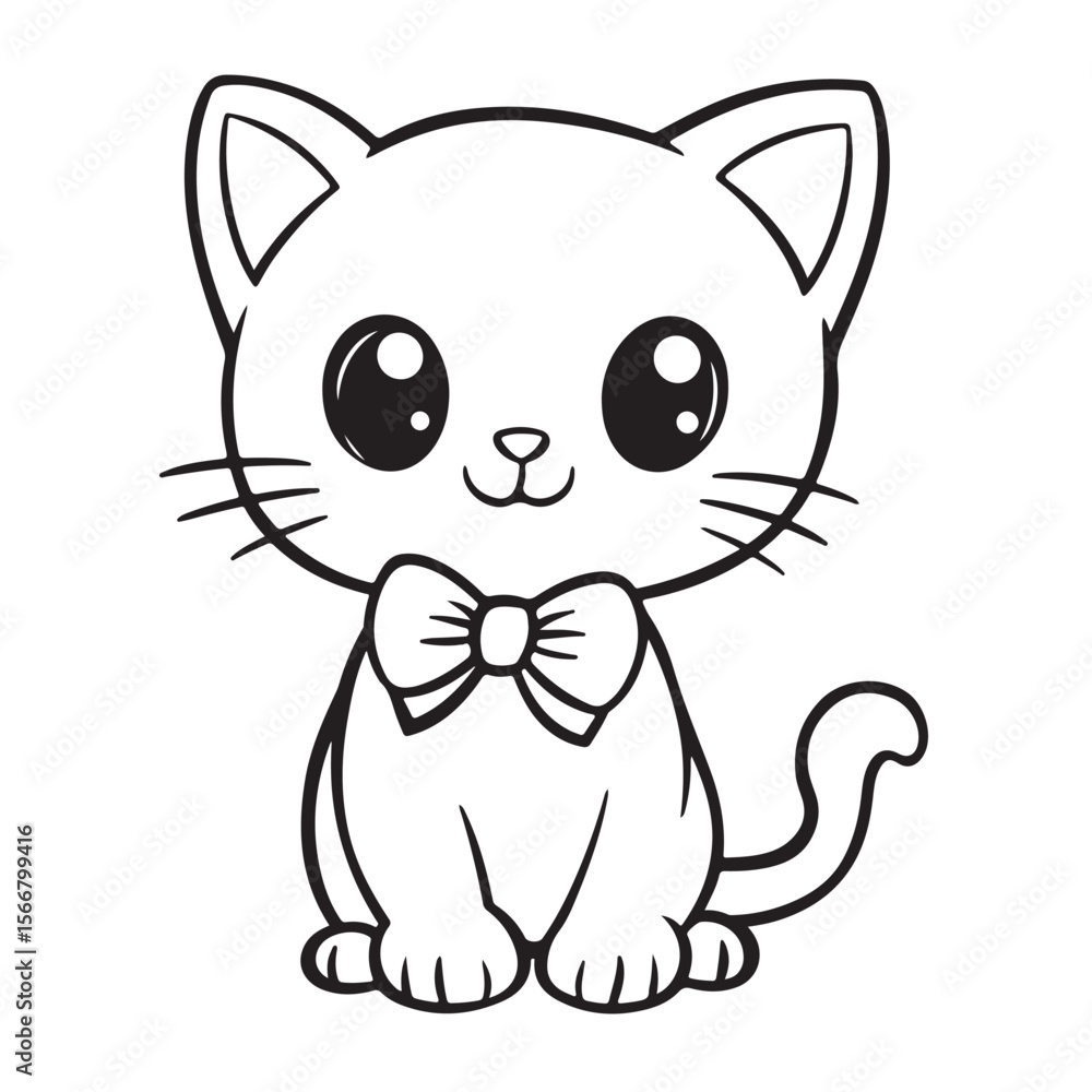 Fototapeta premium Cute Kawaii cat silhouette, cute doodle cat illustration, Kawaii Cartoon Cat Coloring Page Illustration, Minimal Kawaii Line Art Vector Illustration on White Background